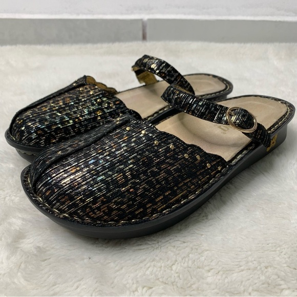 Alegria TUS-403 Women's Tuscany Leopard Print Mules Black Gold Size 8 - Picture 2 of 11